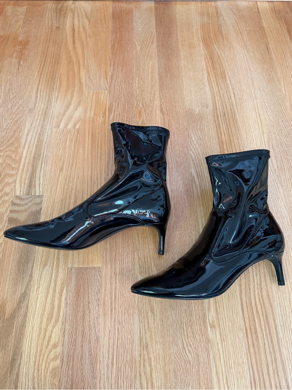 Zara Black Patent Leather Stretch Sock Ankle Boots - Kitten Heel